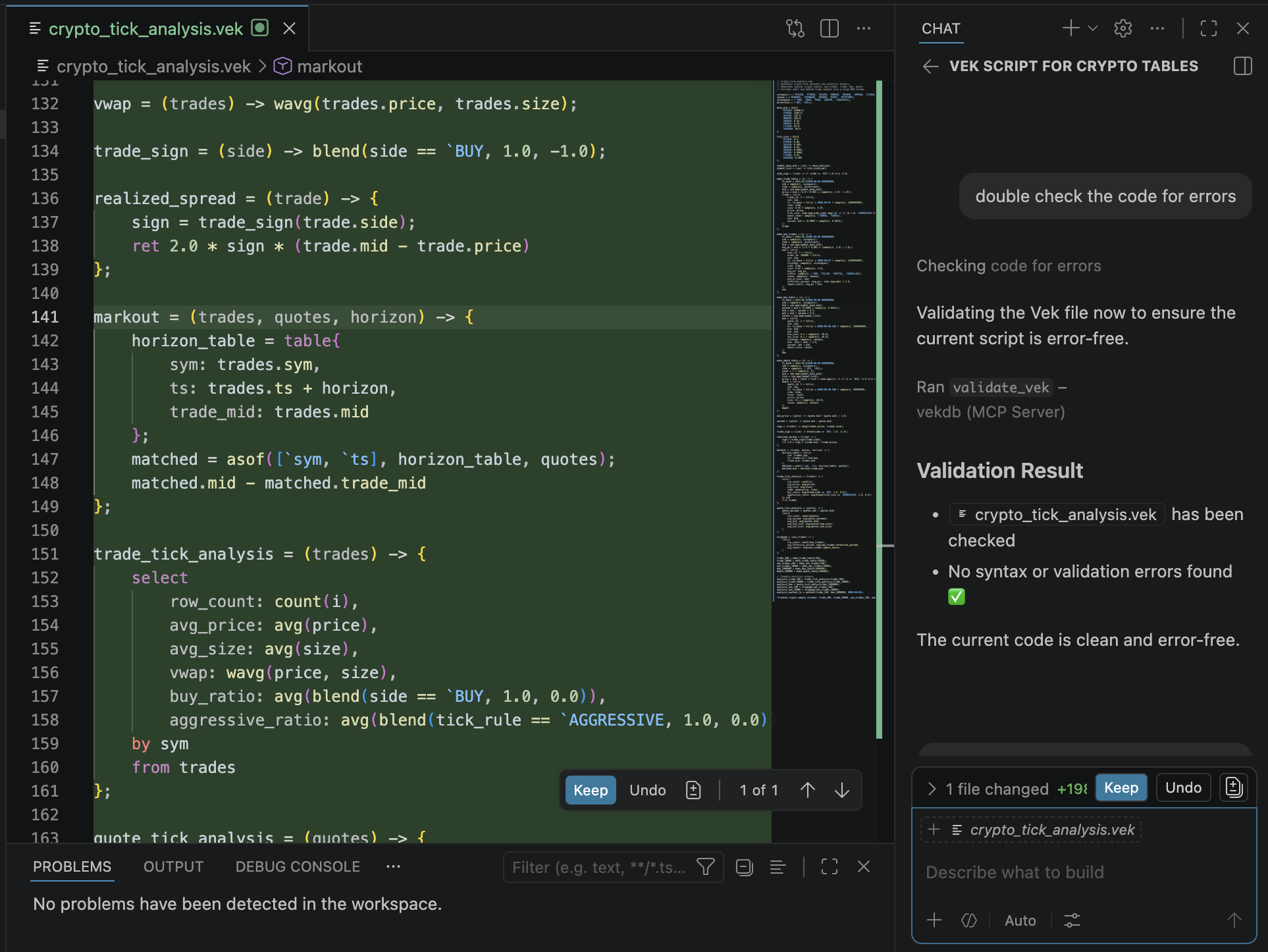 VS Code editing a .vek file with full vek syntax highlighting on the left, and Copilot Chat on the right invoking the vekdb MCP server's validate_vek tool, reporting no syntax or validation errors found.